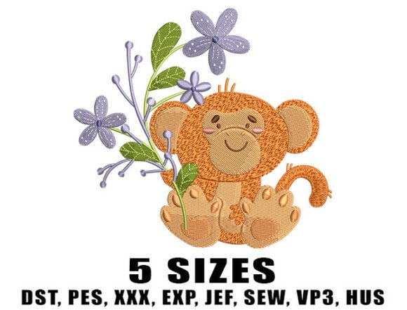 Cute Floral Monkey Embroidery Design
