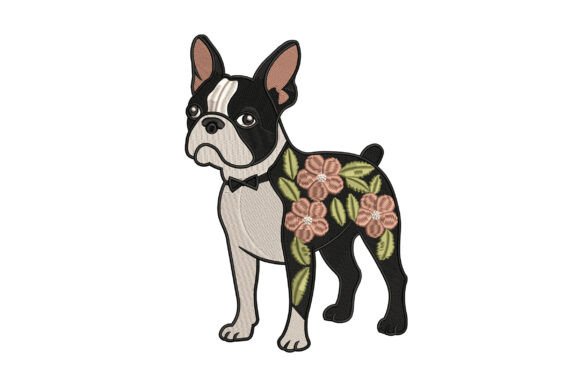 Floral Boston Terrier Dog Embroidery