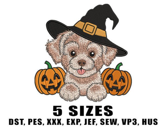 Halloween Puppy with Pumpkins Embroidery Design