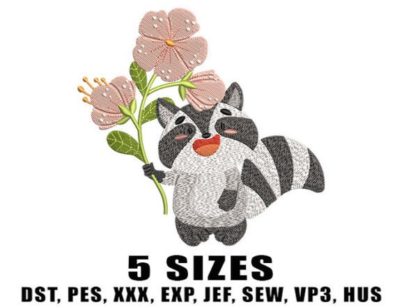 Raccoon Cartoon Floral Embroidery Design